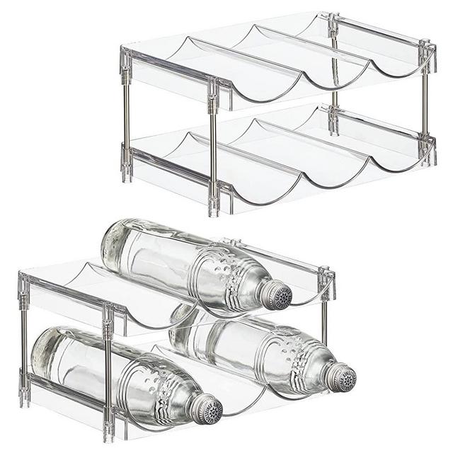 Nate Home by Nate Berkus 6-Bottle Water and Wine Bottle Organizer | Free Standing Plastic Holder for Fridge, Kitchen, Cabinet, Pantry Storage from mDesign - Set of 2, Clear/Stainless Steel