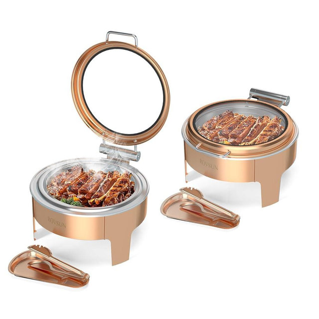 ROVSUN 6QT Chafing Dishes for Buffet 2 Pack, Roll Top Chafing Dish Buffet Set, Round Chafers and Buffet Warmers Sets with Glass Lid & Serving Tong for Parties Weddings Catering Events, Rose Gold