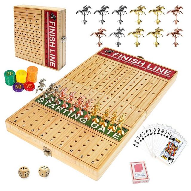 FUNNYB&G 21 inches Horse Race Board Game Foldable Large Horse Racing Game for Adults with 11 Metal Horses, Solid Wood 60 Pcs Poker Chips 2 Dice 1 Pack of Cards for Family Tabletop Parties(Log)