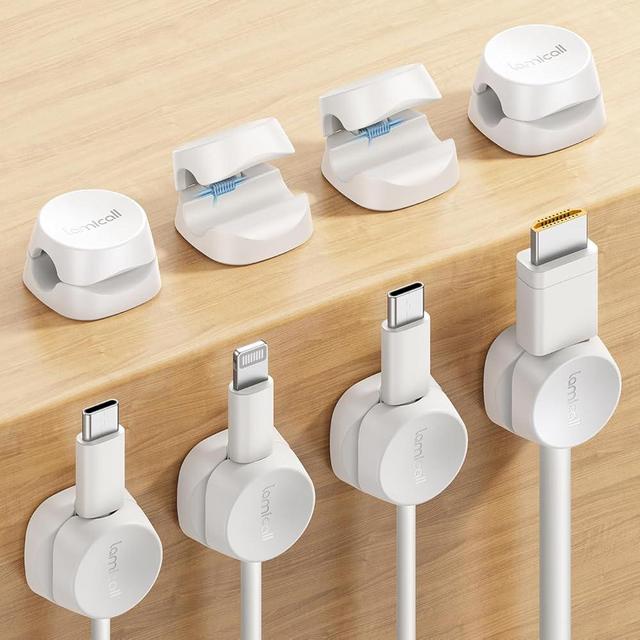 8Pack Cord Ogranizer [1s Lock] Spring Cable Management Clips - Lamicall Desk Cord Holder, Adhesive Cute Round Cord Clip, Phone Charger Wire Organizer Keeper for Nightstand Car Office Accessory, White