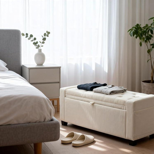 ZideGomai Storage Ottoman Bench for Bedroom & End of Bed Seating, Upholstered Tufted Linen Bench with Hidden Storage & Safety Hinge, 43 Inch, 350 lb Weight Capacity, Linen Beige