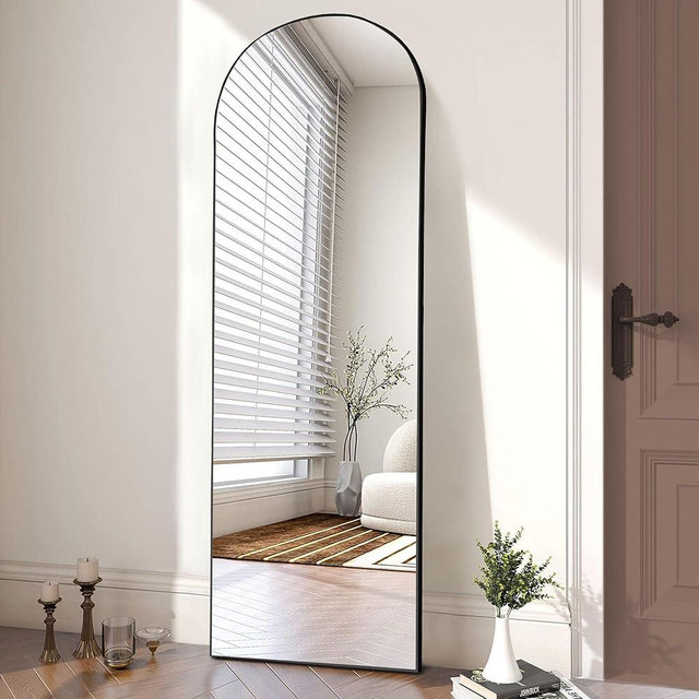 OLIXIS Arched Full Length Mirror 64"x 21" for Bedroom, Full Body Mirror with Stand, Hanging or Leaning for Wall, Aluminum Alloy Thin Frame Floor Standing for Living Room, Long, Black