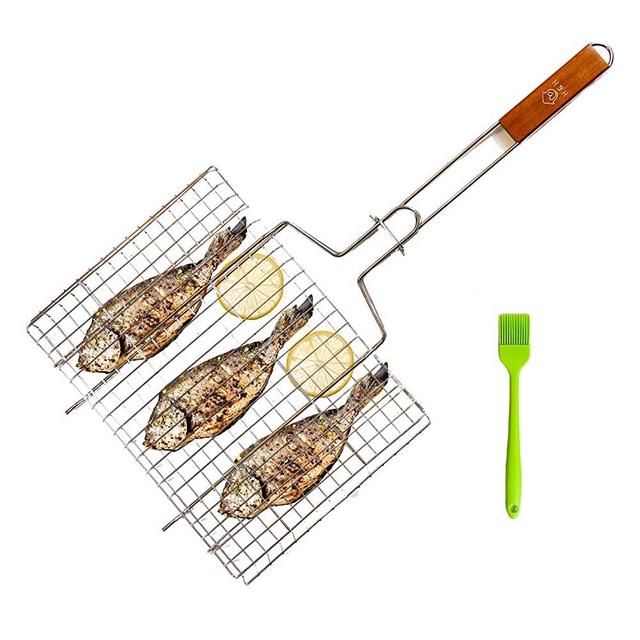 Fish Basket for Grilling - Kabob Grilling Baskets - with Marinade Brush - Grilling Baskets for Outdoor Grill - Stainless Steel Grill Basket with Handle for Easy Flip Grill Vegetables, and More