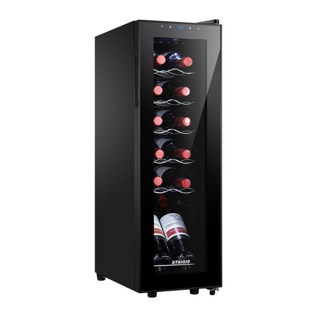 STAIGIS 12 Bottle Wine Cooler Refrigerator, Mini Fridge for Red and White, Small Freestanding Wine Refrigerator with 40-66F Digital Temperature Control Glass Door