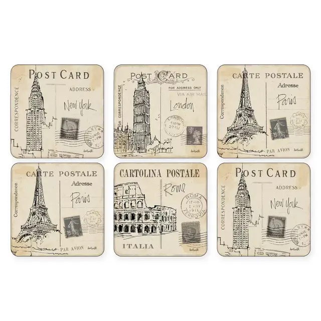 Pimpernel Postcard Sketches Square Coasters (Set of 6)
