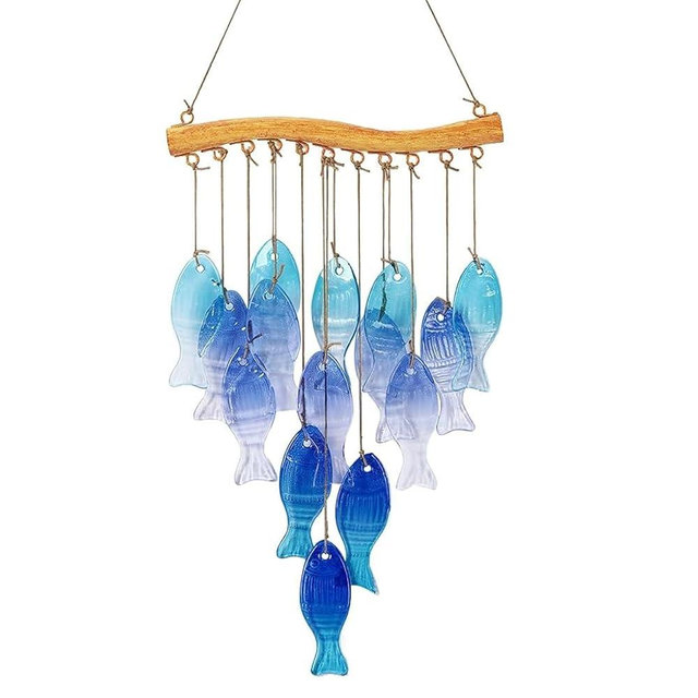 Wind Chimes Blue Glass Sea, Garden Wind Chime for Home, Beach Party, Festival Decor, Glass Garden Patio Yard Porch Decoration Indoor/Outside, Lifelike Fish Style