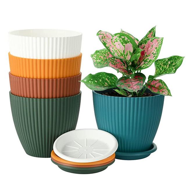 6 inch Plastic Planter, Set of 5 Flower Pots, Modern Stylish Indoor Outdoor Garden Pots with Drainage Holes and Saucers, for All Houseplants, Succulents, Multi Colors