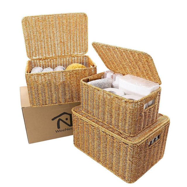 WeeNest Baskets with Lids, Wicker Storage, Shelf Boxes for Organizing, Stackable Woven Bins, Decorative Lidded Resin, Set of 3, Amber