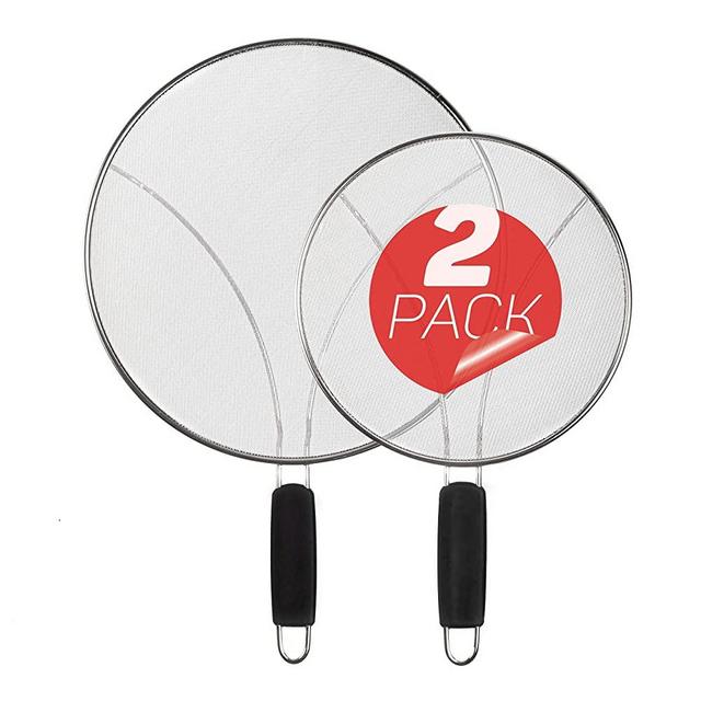 Oil and Grease Splatter Screen - Guard for Skillet Frying; Extra Fine Splatter Screen Mesh Stops 99% of Grease Pops and Splattering; Protective Feet, Safe Handle and Wall Hook,Pack of 2 (1-9.5" 1-13")