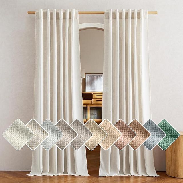 NICETOWN Natural Linen Curtains 132 inches Long, Rod Pocket & Back Tab Thick Flax Textured Privacy Added Window Treatments with Light Filter Drapes for Living Room, W55 x L132, 2 Panels