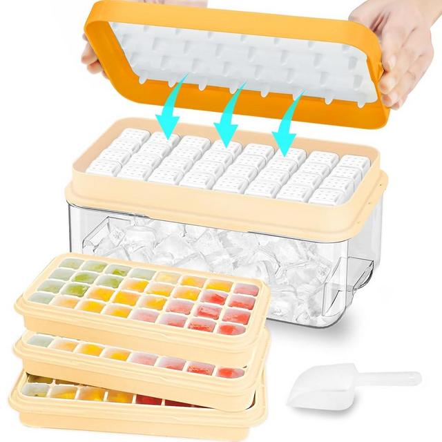 ZZWILLB Ice Cube Tray, Ice Tray with Lid and Bin and Ice Scoop, Ice Cube Pop Out Tray, Ice Cube Trays for Freezer, Ice Cube Molds, BPA Free, Easy Release Stackble Spill-Resistant (Orange 3 Tier)
