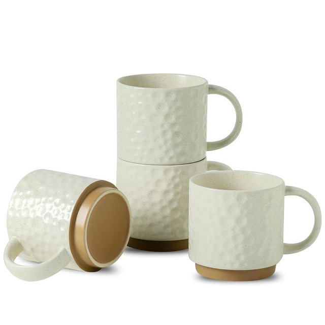 Nihow 16OZ Stackable Coffee Mug Set, Large Ceramic Coffee Mug Set of 4,Coffee Cup Set for Cappuccino/Latte/Cocoa,Dishwasher & Microwave Safe, Matte White