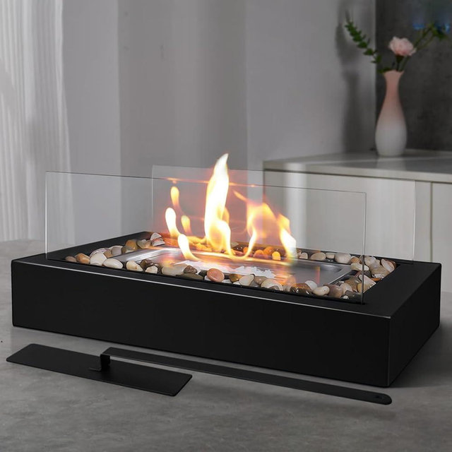Rectangle Tabletop Fire Pit, Smores Maker Kit Portable Indoor/Outdoor Table Top Firepit, Safer Burning Tabletop Fireplaces with Cobblestone- Gift for Home Decor & Balcony Parties