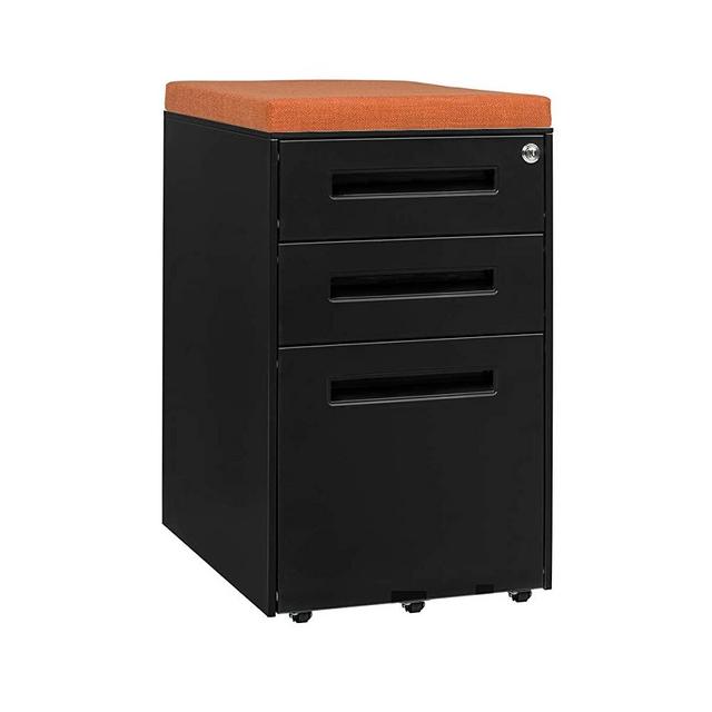 Laura Davidson Furniture STOCKPILE Seated 3-Drawer Mobile File Cabinet with Removable Magnetic Cushion Seat, Commercial-Grade, Pre-Assembled (Black with Orange Cushion)