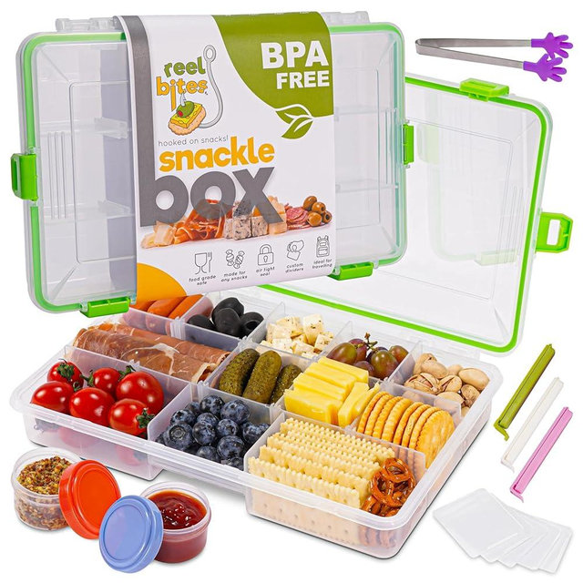 Reel Bites Snackle Box Container for Travel Snack Container - Snackel Box Snack Box Container Snack Tray with Lid Snack Tackle Box for Snacks - Snacklebox Snackle Box Charcuterie Container (Regular)