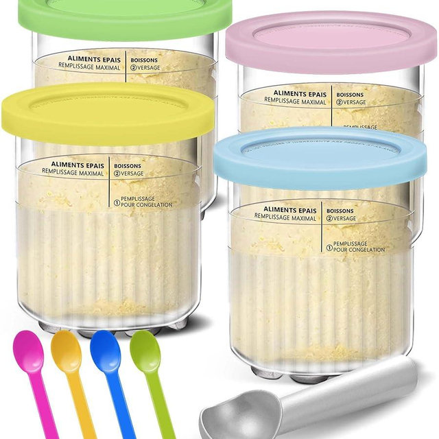 Creami Pints and Lids for Ninja - 4 Pack 24 oz Deluxe 11-in-1 Creamy Icecream Containers Cups Jars Tubs Canisters Set, Smoothie Pot Compatible with NC501 NC500 Series Creamer Ice Cream Maker Machine