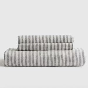 European Linen Fitted Stripe Sheet Set in Grey/White Stripe