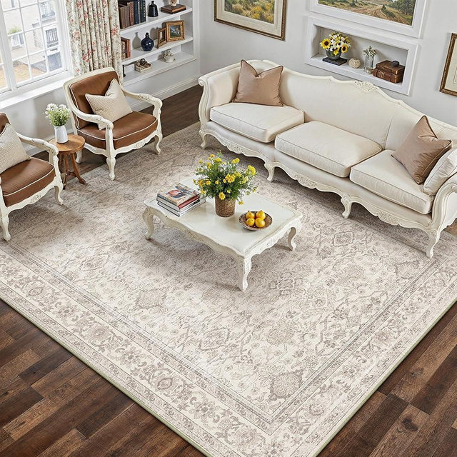 HUGEAR Area Rug 5x7 Retro Beige Machine Washable Living Room Rugs Distressed Vintage Floral Vacuumable Low Pile Carpet Bedroom Office Dining Room Laundry Room Non Slip Soft Lightweight
