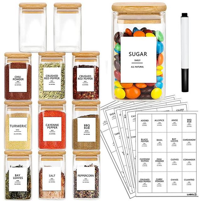 AISIPRIN 12 Pcs Glass Spice Jars with Bamboo Lids and 114 Labels - 9oz Mini Square Food Storage Containers for Kitchen, Seasoning, Coffee, Herb - Included Marker