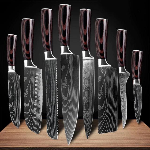 SENKEN 8-piece Premium Japanese Kitchen Knife Set with Laser Damascus Pattern - Imperial Collection - Chef's Knife, Santoku Knife, Bread Knife & More