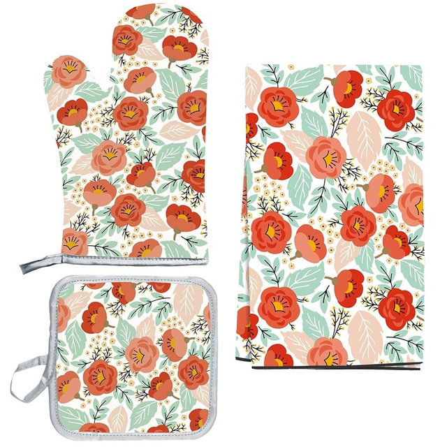 Pioneer Woman Kitchen Stuff-Floral Plant Oven Mitts,Pot Holders and Hand Towels,Pioneer Woman Kitchen Accessories for Cooking Baking Grilling,Gifts for Women(Set of 3)