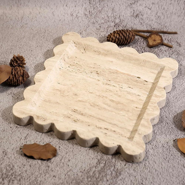 Natural 100% Marble Vanity Tray - Luxury Scalloped Marble Storage Tray for Home Decor - Square-9.8 * 9.8-Beige Travertine