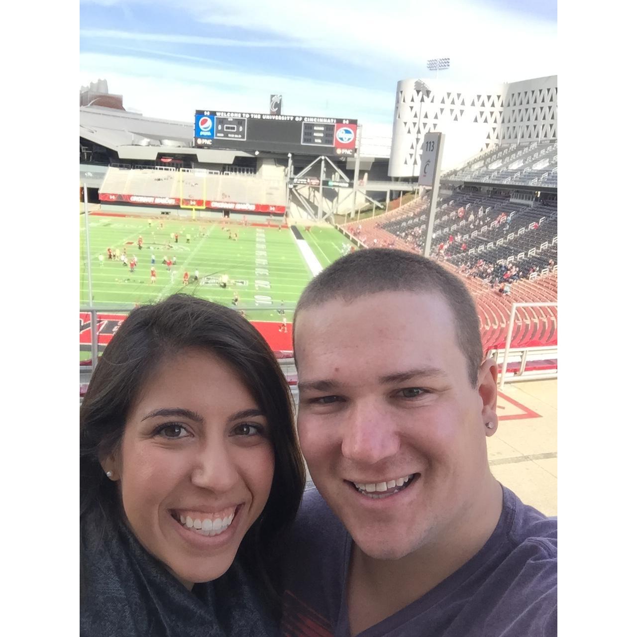 At Nippert Stadium after Cori's first UC homecoming trip. Fun fact: Tony went all in and asked Cori to come to Cincinnati for this trip on their first date.