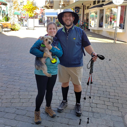Getting ready to hike up Stratton with our little mountain goat, Reggie!