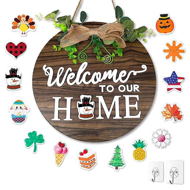 LEADUWAY Interchangeable Welcome Sign for Front Door, Seasonal Rustic Wood Door Sign with 14 styles, Outdoor Wall Hanging Welcome Sign for Farmhouse, Holiday Decor for Spring Easter Christmas Winters