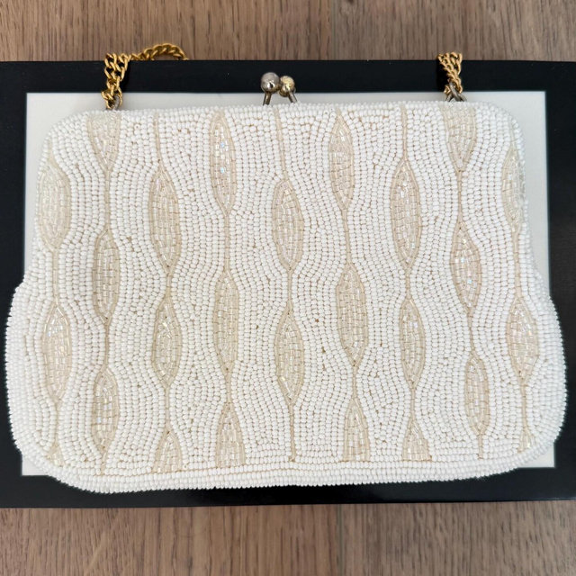 Vintage 1960s Ivory Beaded Evening Bag with An Intricate Wavy Design