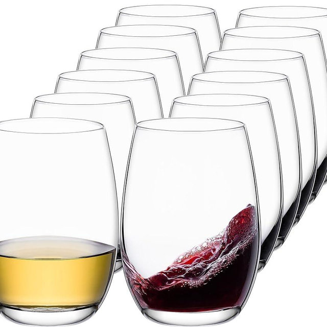 NORIMODA Stemless Wine Glasses Set of 12, 17oz Lead-Free Drinking Glasses for Red & White Wine, Cocktails, Juice, Sturdy Base Glassware Pack for Party, Wedding & Home Bar