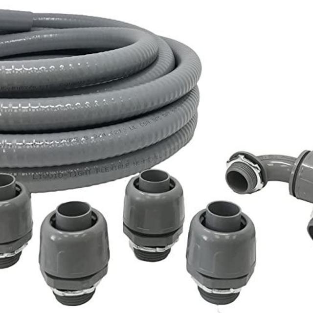 Sealproof Non-metallic Liquid-Tight Conduit and Connector Kit, 3/4-Inch 25 Foot Flexible Electrical Conduit Type B with 4 Straight and 2 90-Degree Conduit Connector Fittings, 3/4" Dia
