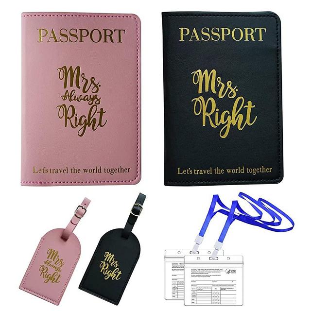 Mrs.Right and Mrs.Always Right Passport Holders and Luggage Tags with Plastic Clear CDC Vaccination Card Holder Pu Leather Passport Covers Lesbian Couple Honeymoon Present Slim Travel Wallets for LGBT Wedding Shower Gift 2 Packs