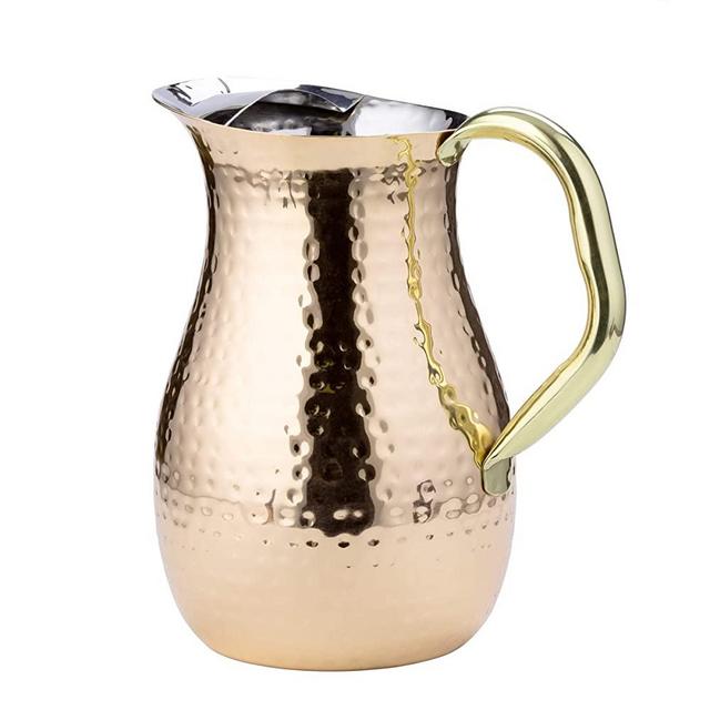 Old Dutch Copper Plated Hammered Water Pitcher with Brass Ice Guard Handle, 2.25-Quart