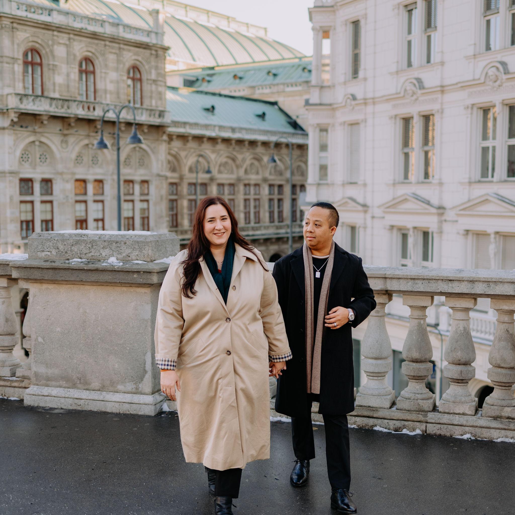 David admiring Sarah's beauty on Albertina Rooftop overlooking the Opera House in Vienna - November, 2025