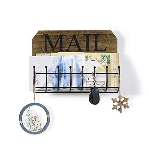 SRIWATANA Rustic Mail Letter Holder, Wall Mount Mail Organizer Mail Sorter for Hallway Foyer and Home Decoration - Iron Line Hooks Design