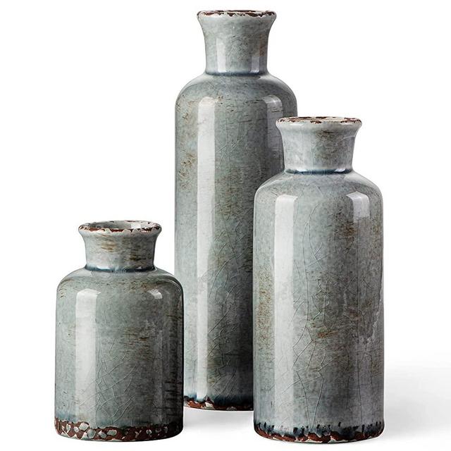 CwlwGO- Ceramic Rustic Vintage vase, Boho Vases for Room Décor, 3 Piece Set of Glazed Decorative vase Table Décor,Cottagecore Décor. (Grey Blue)