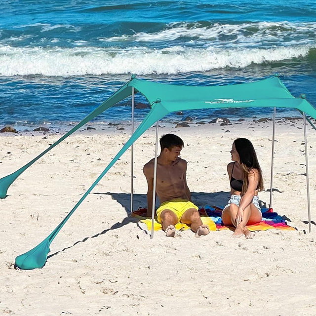 SUN NINJA Beach Tent Sun Shelter UPF50+ - Easy Pop Up Beach Canopy - Outdoor Shade for Camping Trips, Fishing, Backyard Fun Picnics - Sand Shovel, Ground Pegs & Stability Poles