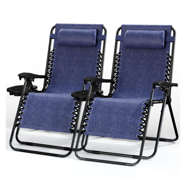 Nestl Zero Gravity Chairs Set of 2, Reclining Camping Chair, Folding Outdoor Chair with Pillow & Cup Holder Tray - Blue