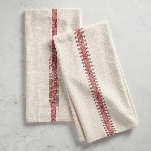 French Striped Organic Cotton Grain Sack Tea Towels, Set of 2 - Red/Flax