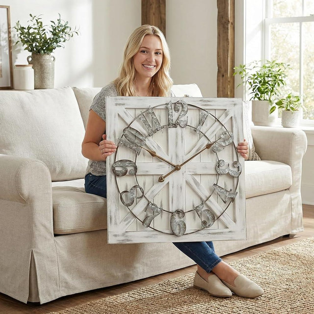 EMAX HOME Large Farmhouse Wall Clock – 24 Inch White Square Rustic Wooden Clock with Decorative Reversible Wooden Sign, Perfect for Any Space and Ideal Gift