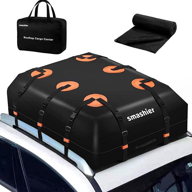Smashier Car Rooftop-Cargo-Carrier Bag - 16 Cubic Ft Roof-Bag with 100% Waterproof Military Grade Nylon Cordura Fabric, Waterproof Zipper, Wider Straps, Night Reflective Strip & Anti-Slip Mat Incl.