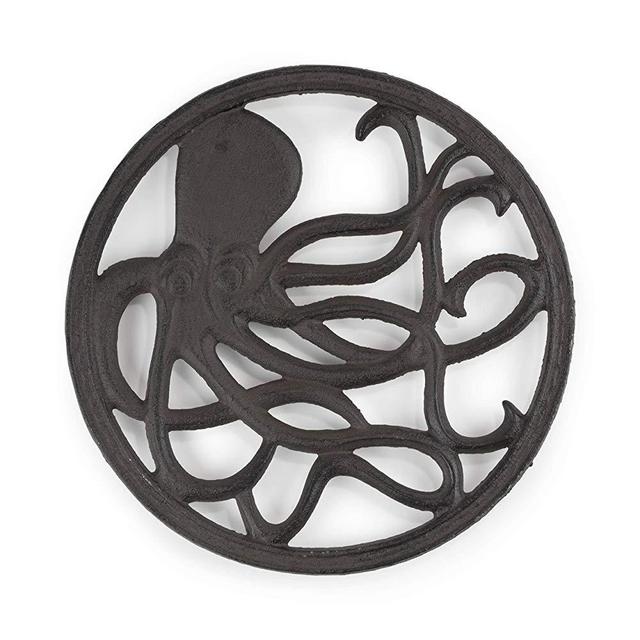 gasaré, Cast Iron Trivet, Metal Trivet, Decorative Octopus, for Hot Dishes, Pots, Kitchen, Countertop, Dining Table, with Rubber Feet Caps, Solid Cast Iron, 8 Inch Large, Rustic Brown Finish