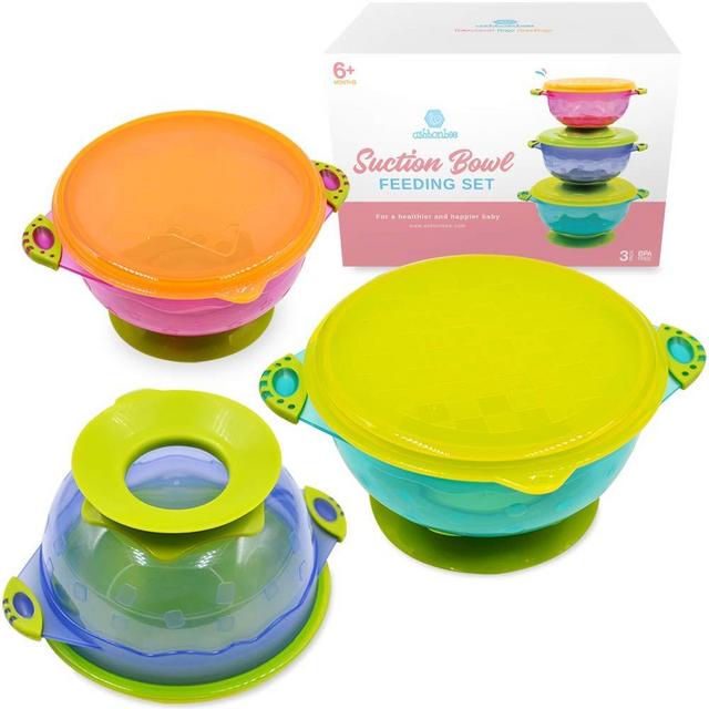 Baby Bowls with Suction - Suction Bowl for Toddlers, Set of 3 Stackable Feeding Bowls with Spill-Proof Lids