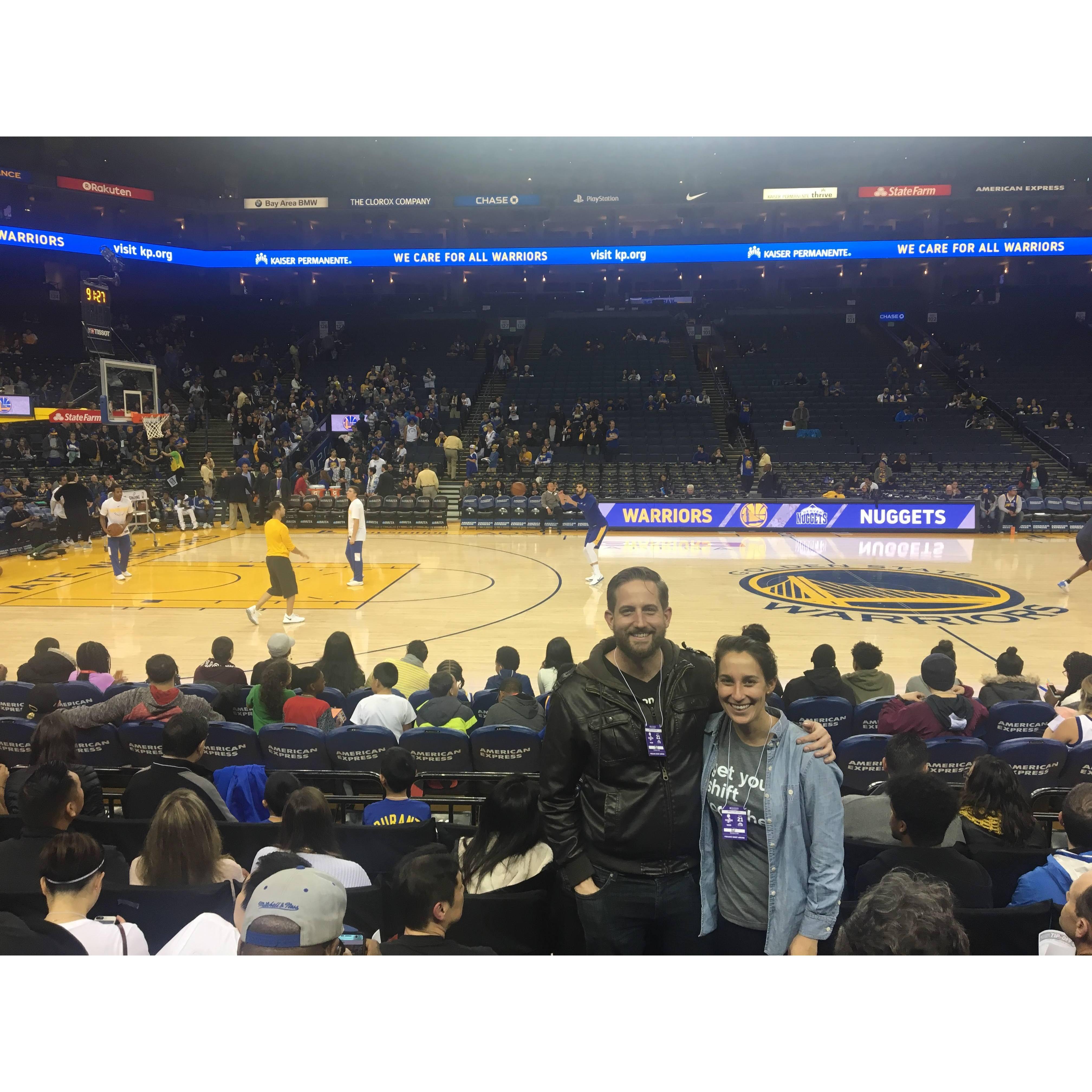 Sittin' courtside at a Warrior's game. For warm up. For the game, we went up to the nose bleeds where we belong.