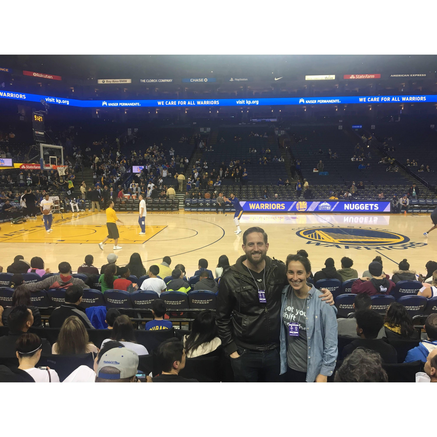 Sittin' courtside at a Warrior's game. For warm up. For the game, we went up to the nose bleeds where we belong.