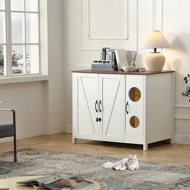 Cat Litter Robot Enclosure, Automatic Litter Box Enclosure for Litter Robot 3/4,Cat-Exclusive entrace for Dog Proof and Fun,Power Outlet for cat Litter Cabinet,Litter Collector,Antique White