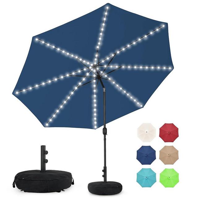 Sundale Outdoor Solar 104 LED 11 ft Patio Umbrella with Sand Bag Umbrella Base, Outdoor Umbrella with Tilt and Crank, Navy