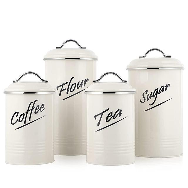 Hillbond Food Storage Canisters Containers: Carbon Steel with Powder Coated Decorative Storage Jars Set of 4 (Ivory 2)