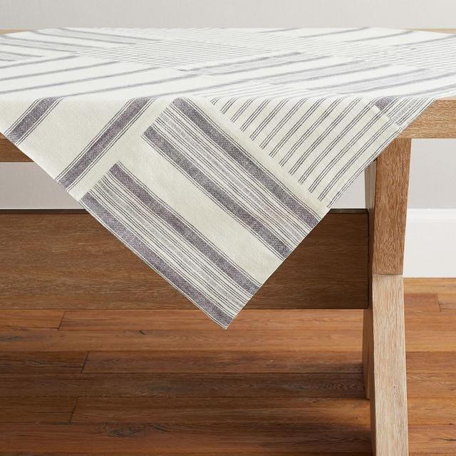 French Striped Patchwork Organic Cotton Table Throw - Charcoal/Flax